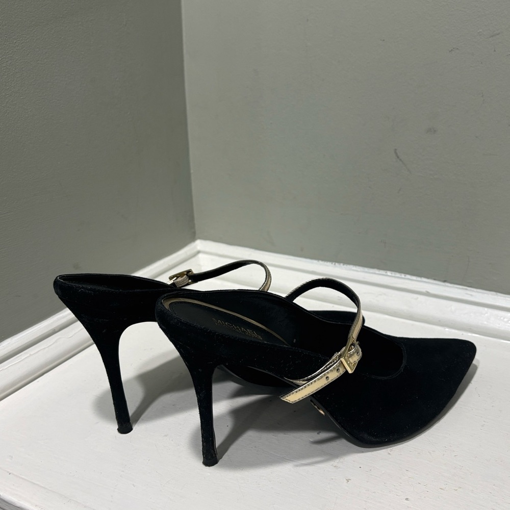 Michael Kors Black Suede Mule Heels with Gold Straps-size 11 - Picture 6 of 9